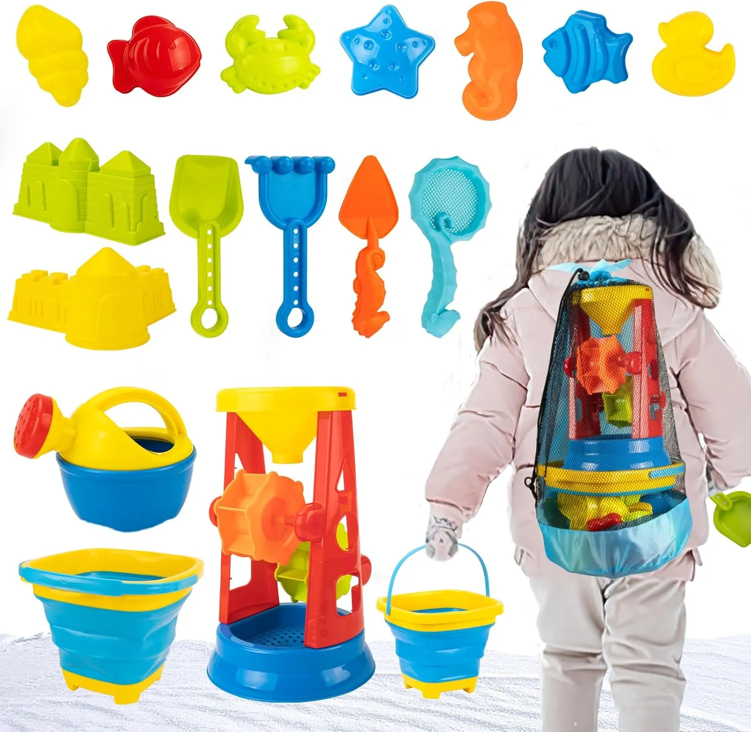 UNIH Collapsible Snow Beach Toys for Kids,Sandbox Toys with Beach Buckets,Mesh Bags,Sand Molds,Sand and Water Wheel Tower,Beach Snow Toys for Toddlers Kids Ages 3-10 with Festival Souvenir