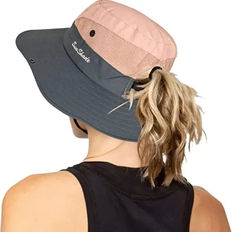 Unisex UV Protection Bucket Hat - Wide Brim Mesh Drawstring Ponytail Hat for Fishing and Outdoor Pink