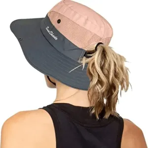Unisex UV Protection Bucket Hat - Wide Brim Mesh Drawstring Ponytail Hat for Fishing and Outdoor Pink