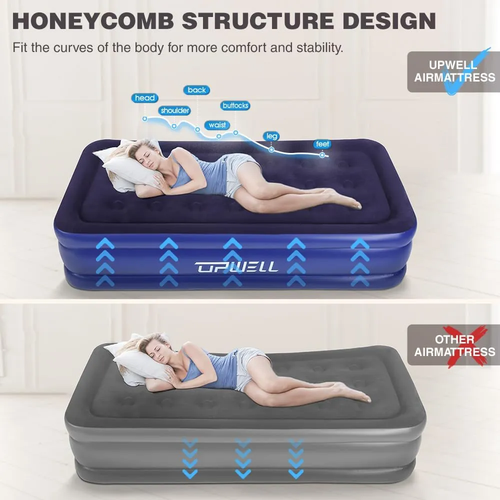 UPWELL Inflatable Air Mattress Twin with Built in Pump Comfort Blow up Bed Waterproof Fast&Easy Set up Dura Beam Strong Support Mattress for Home Guests & Camping Navy Blue