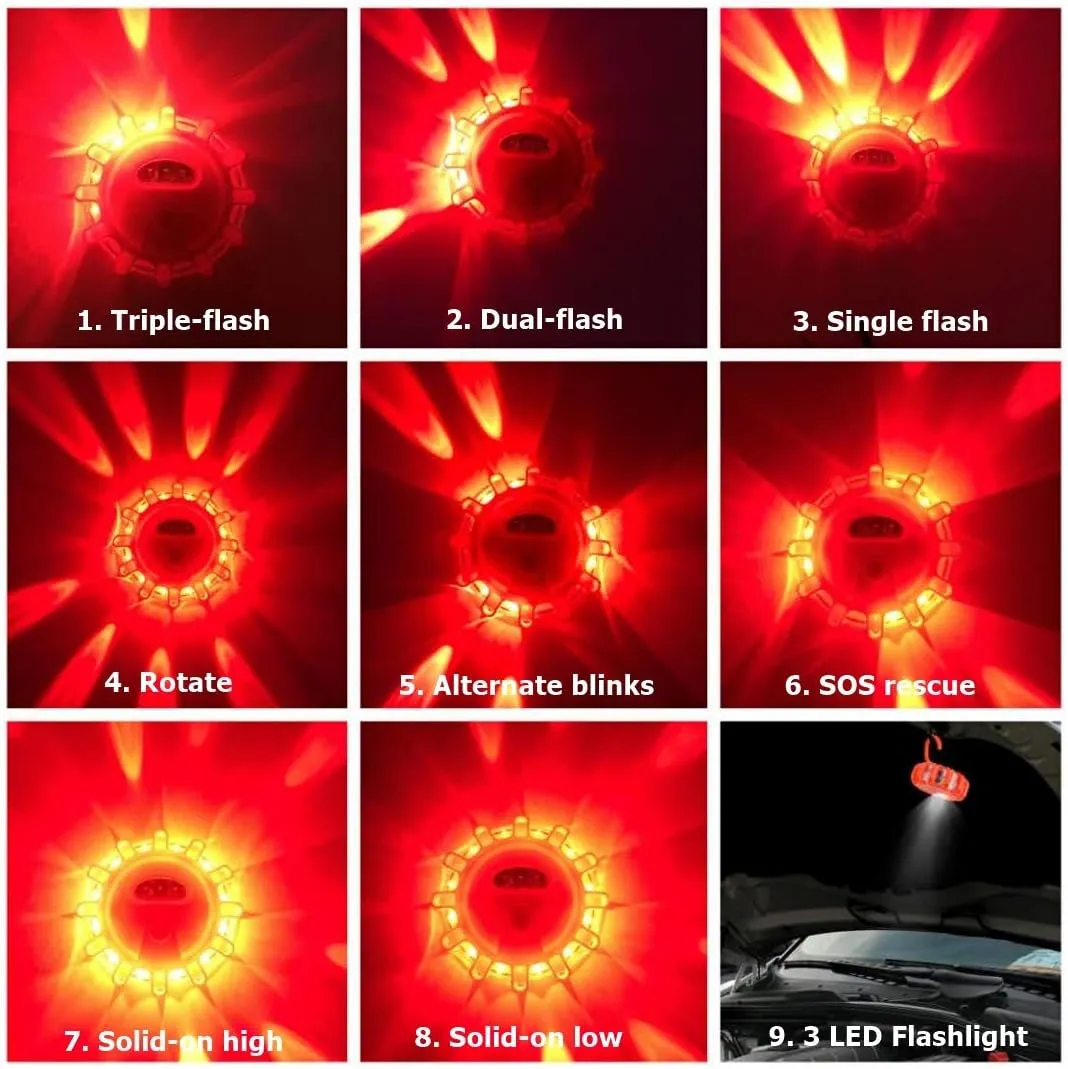 USB Rechargeable LED Road Flares Emergency Lights-Roadside Warning Car Safety Beacon Flashing Disc Flare Kit with Magnetic Base for Vehicles & Boat | 3 Beacon Disc Pack
