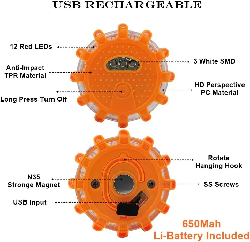 USB Rechargeable LED Road Flares Emergency Lights-Roadside Warning Car Safety Beacon Flashing Disc Flare Kit with Magnetic Base for Vehicles & Boat | 3 Beacon Disc Pack