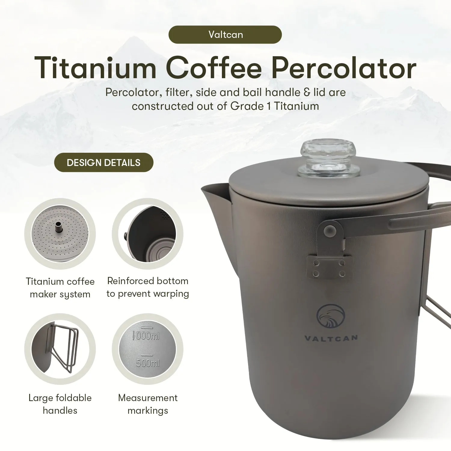 Valtcan Titanium Percolator Coffee Maker Pot 1.5L Filter Brew Ultralight Weight Kettle Camping Kettle 50.7 oz Capacity  395g