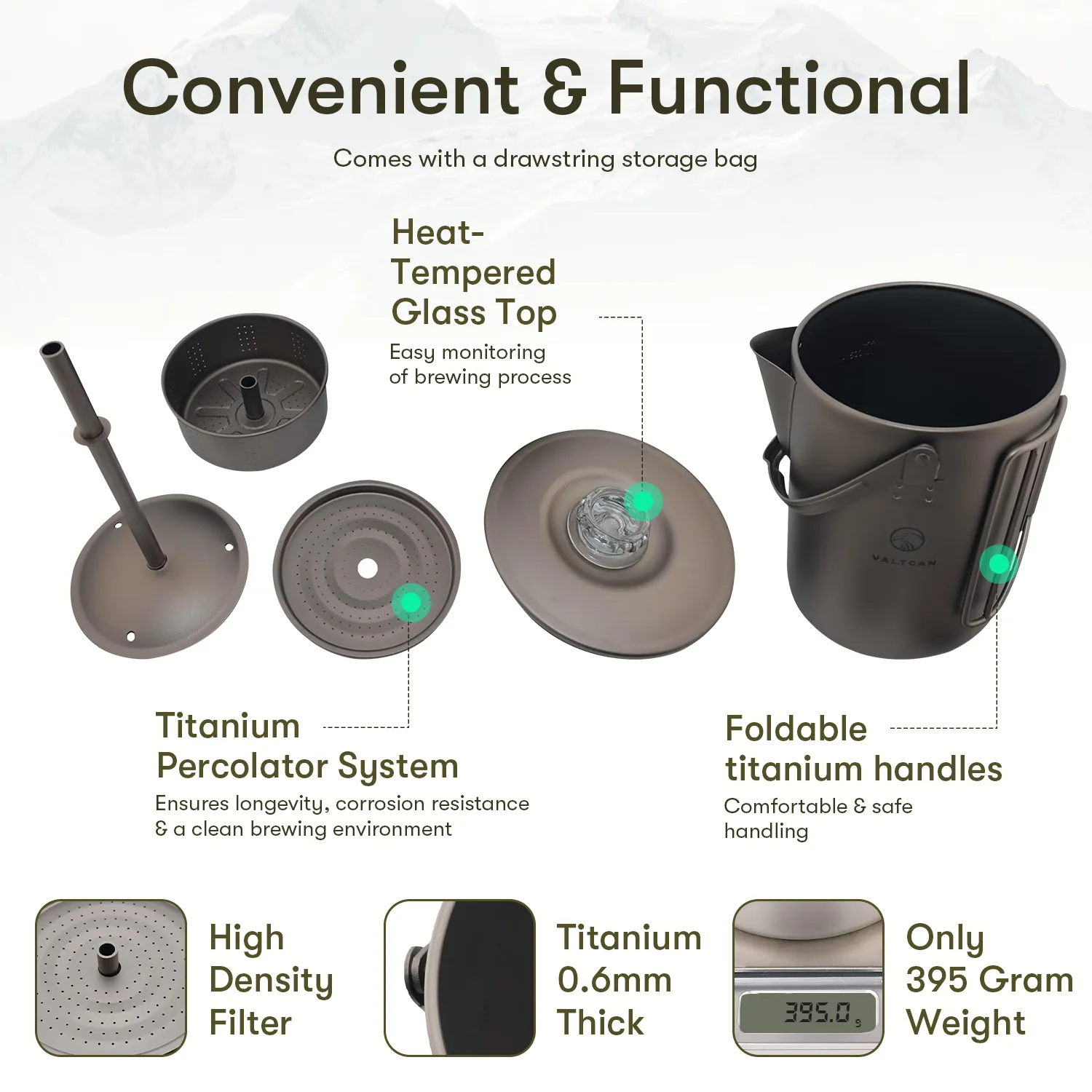 Valtcan Titanium Percolator Coffee Maker Pot 1.5L Filter Brew Ultralight Weight Kettle Camping Kettle 50.7 oz Capacity  395g