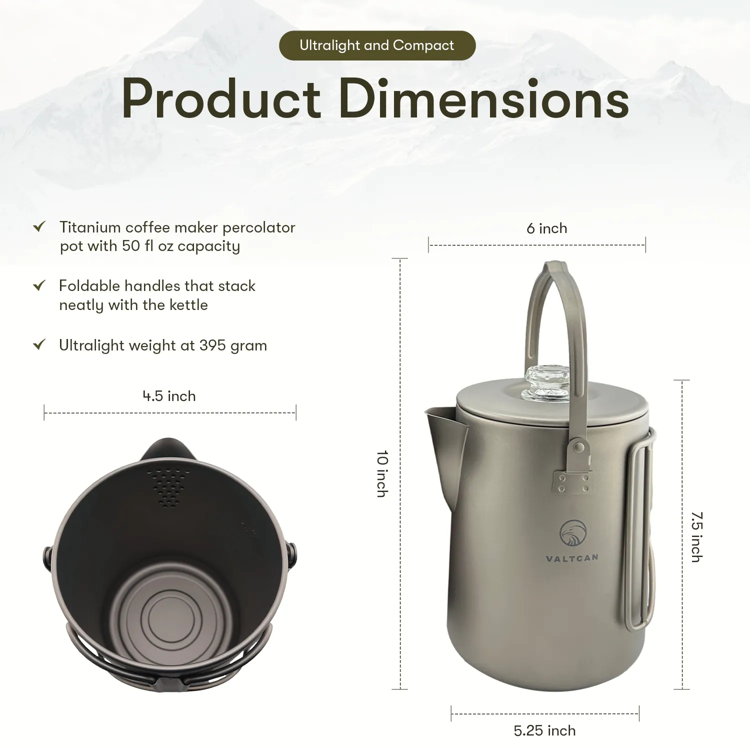 Valtcan Titanium Percolator Coffee Maker Pot 1.5L Filter Brew Ultralight Weight Kettle Camping Kettle 50.7 oz Capacity  395g