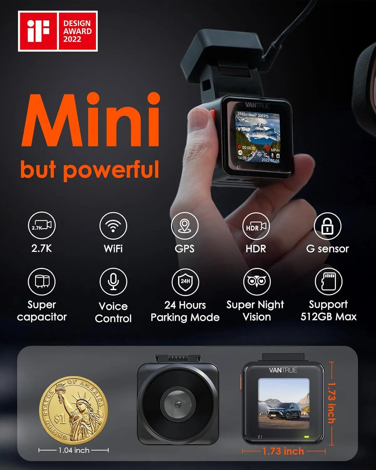 Vantrue E1 2.7K WiFi Mini Dash Cam, Voice Control Front Car Dash Camera with GPS&Speed, Super Night Vision, Wireless Controller&App, 24 Hours Parking Mode, Buffered Motion Detection, Support 512GB Max