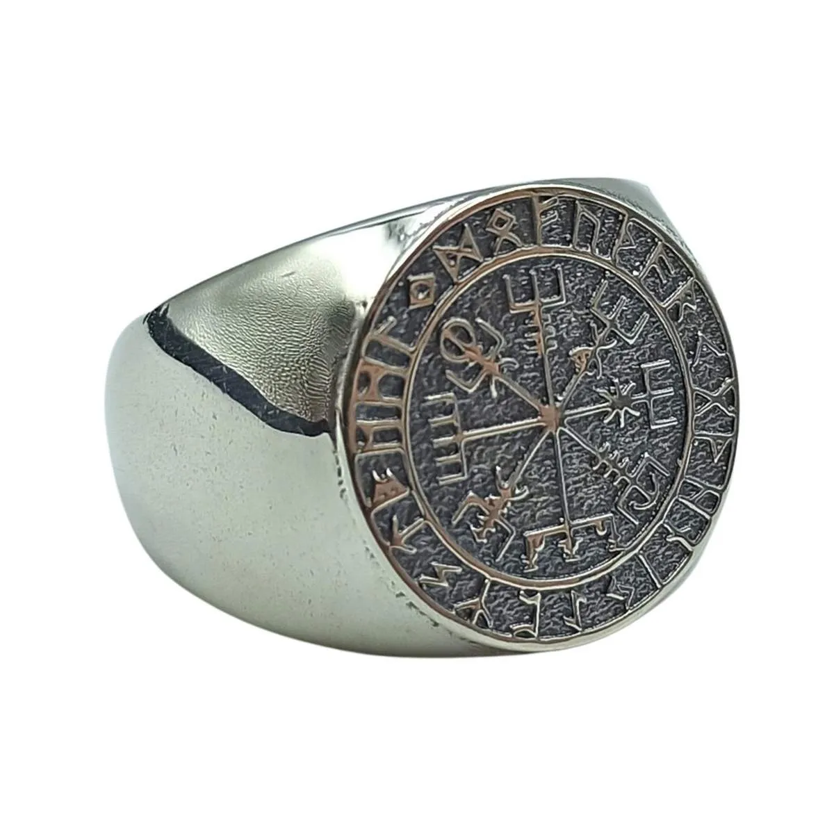 Vegvisir in Futhark runes silver ring