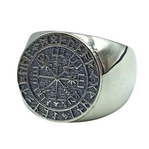Vegvisir in Futhark runes silver ring