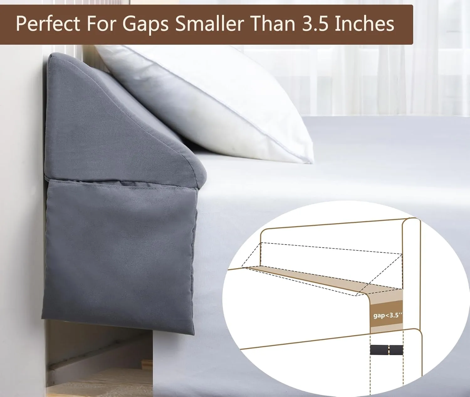 Vekkia Queen Bed Wedge Pillow/Headboard Pillow/Foam Mattress Wedge,Bed Gap Filler to Close Gap (0-3.5") Between Headboard and Mattress Queen（Gray）