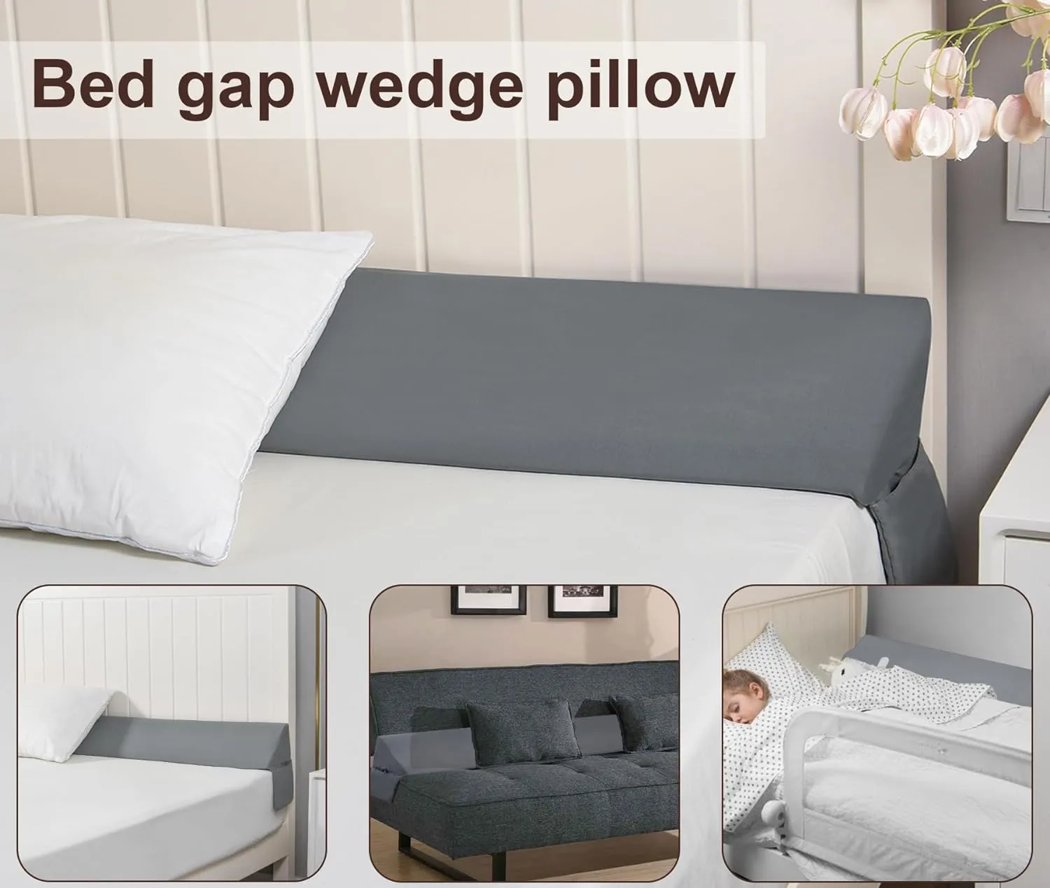 Vekkia Queen Bed Wedge Pillow/Headboard Pillow/Foam Mattress Wedge,Bed Gap Filler to Close Gap (0-3.5") Between Headboard and Mattress Queen（Gray）