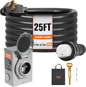 VEVOR 50 Amp Generator Cord and Power Inlet Box Kit, 25FT Generator Extension Cord NEMA 14-50P/SS2-50R STW 6/3 8/1 AWG with Twist Lock Connector, Pre-Drilled Inlet Box, ETL Listed