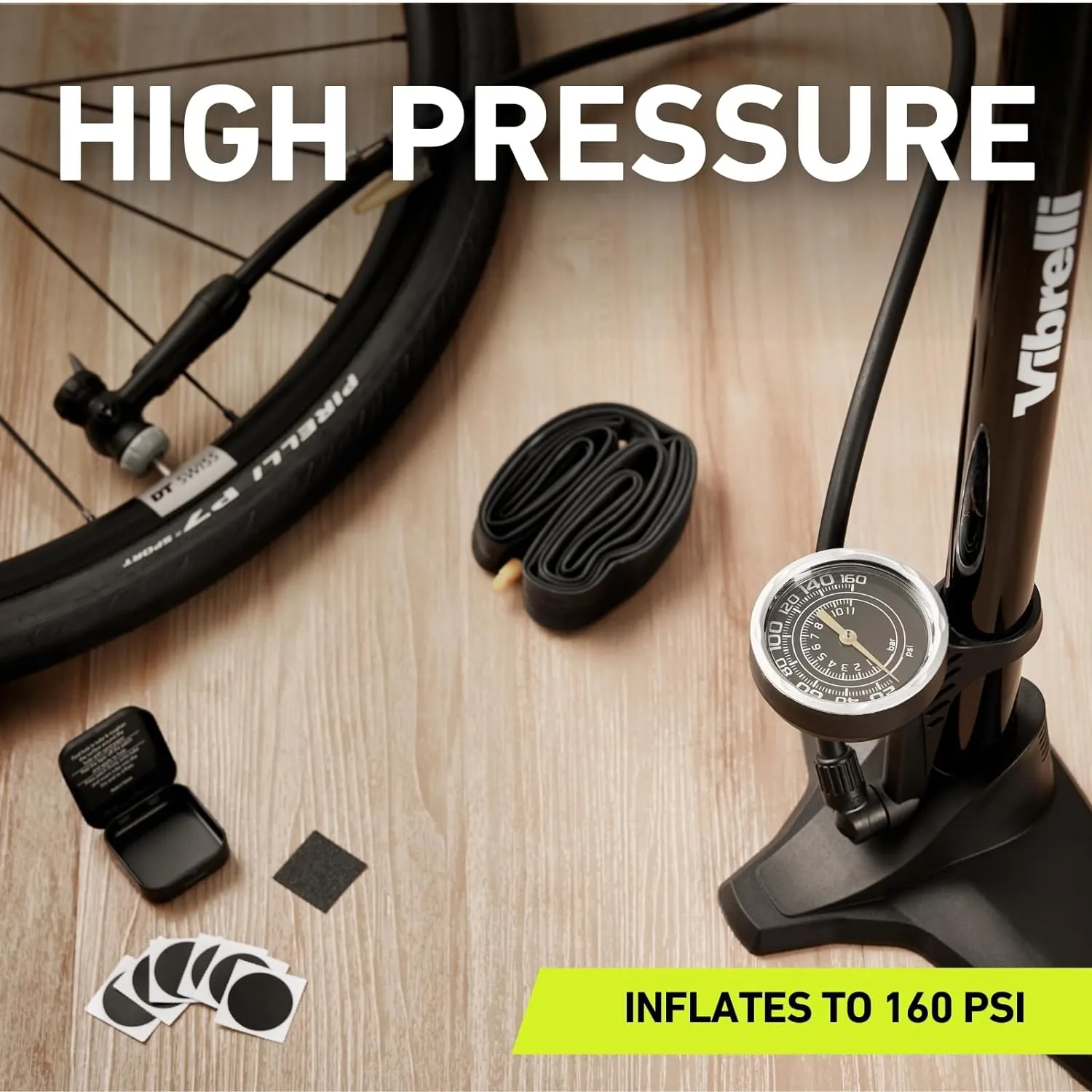 Vibrelli Vibrelli Bike Floor Pump with Gauge - High Pressure 160 PSI - Presta Valve Bike Pump Automatically Switches to Schrader - Bicycle Pump Comes with Glueless Puncture Kit