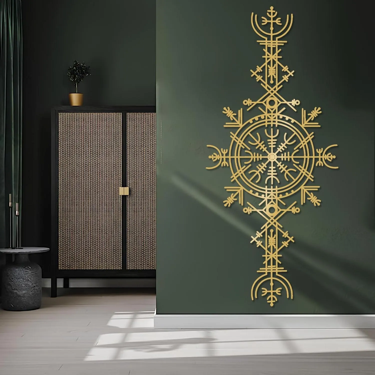 Viking Wayfinders Metal Wall Decor, Vegvisir Metal Wall Art, Old Norse Sign, Rune Circle with Mjölnir, Viking Compass Symbol Metal Wall Art, Extraordinary Vegvisir Sculpture, Nordic Symbol, Icelandic Art (18"x41"|46x105cm, Black)