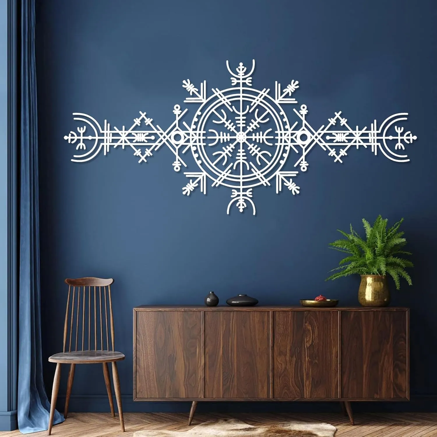 Viking Wayfinders Metal Wall Decor, Vegvisir Metal Wall Art, Old Norse Sign, Rune Circle with Mjölnir, Viking Compass Symbol Metal Wall Art, Extraordinary Vegvisir Sculpture, Nordic Symbol, Icelandic Art (18"x41"|46x105cm, Black)