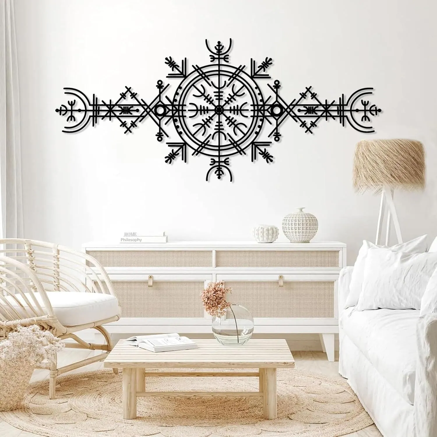 Viking Wayfinders Metal Wall Decor, Vegvisir Metal Wall Art, Old Norse Sign, Rune Circle with Mjölnir, Viking Compass Symbol Metal Wall Art, Extraordinary Vegvisir Sculpture, Nordic Symbol, Icelandic Art (18"x41"|46x105cm, Black)