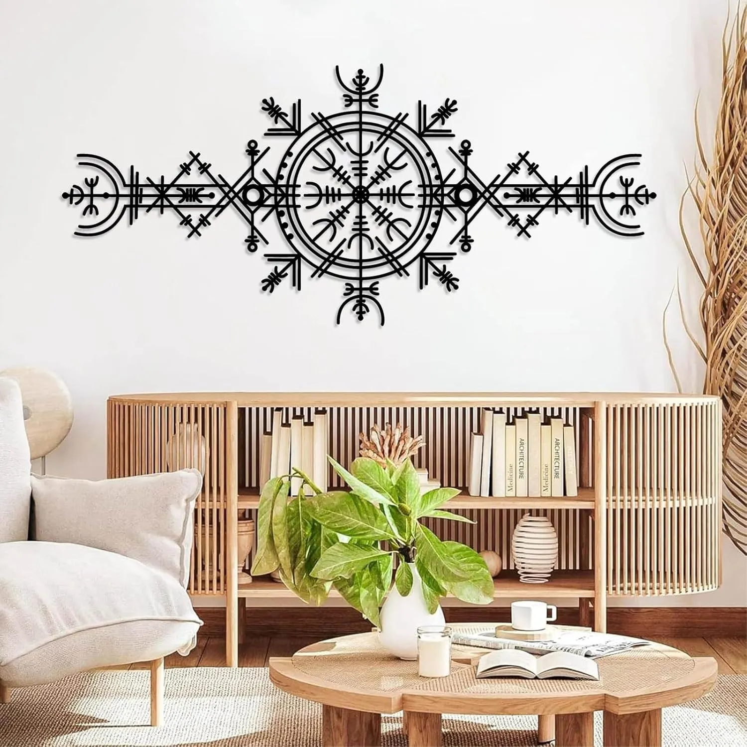 Viking Wayfinders Metal Wall Decor, Vegvisir Metal Wall Art, Old Norse Sign, Rune Circle with Mjölnir, Viking Compass Symbol Metal Wall Art, Extraordinary Vegvisir Sculpture, Nordic Symbol, Icelandic Art (18"x41"|46x105cm, Black)