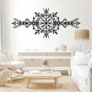Viking Wayfinders Metal Wall Decor, Vegvisir Metal Wall Art, Old Norse Sign, Rune Circle with Mjölnir, Viking Compass Symbol Metal Wall Art, Extraordinary Vegvisir Sculpture, Nordic Symbol, Icelandic Art (18"x41"|46x105cm, Black)