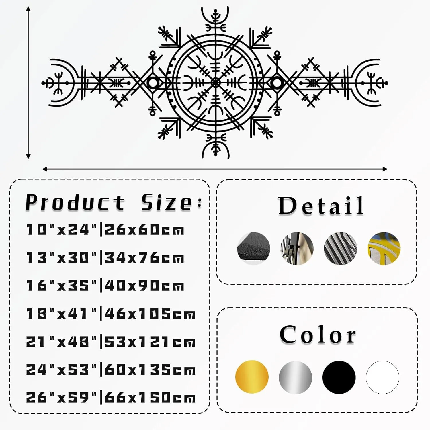 Viking Wayfinders Metal Wall Decor, Vegvisir Metal Wall Art, Old Norse Sign, Rune Circle with Mjölnir, Viking Compass Symbol Metal Wall Art, Extraordinary Vegvisir Sculpture, Nordic Symbol, Icelandic Art (18"x41"|46x105cm, Black)