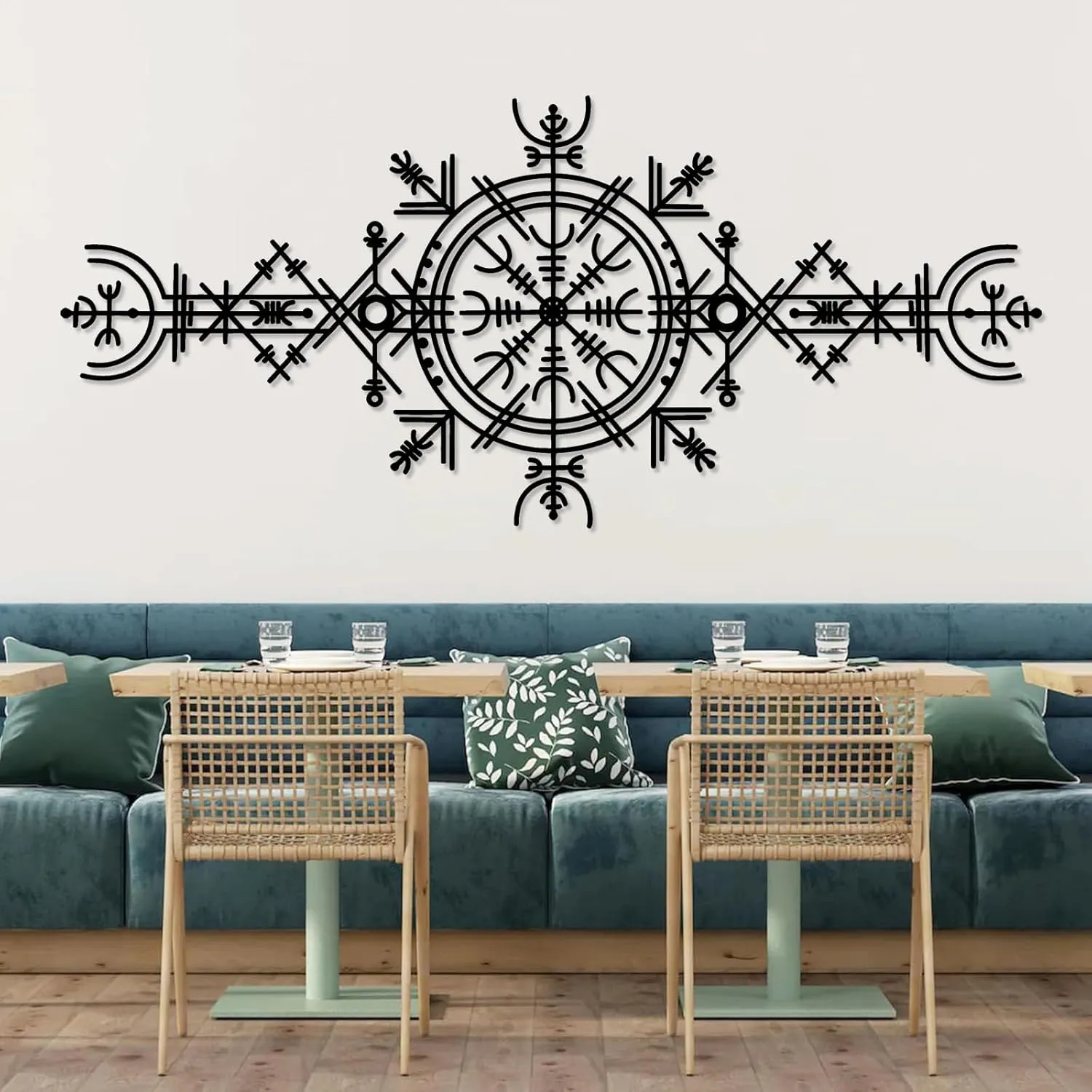 Viking Wayfinders Metal Wall Decor, Vegvisir Metal Wall Art, Old Norse Sign, Rune Circle with Mjölnir, Viking Compass Symbol Metal Wall Art, Extraordinary Vegvisir Sculpture, Nordic Symbol, Icelandic Art (18"x41"|46x105cm, Black)
