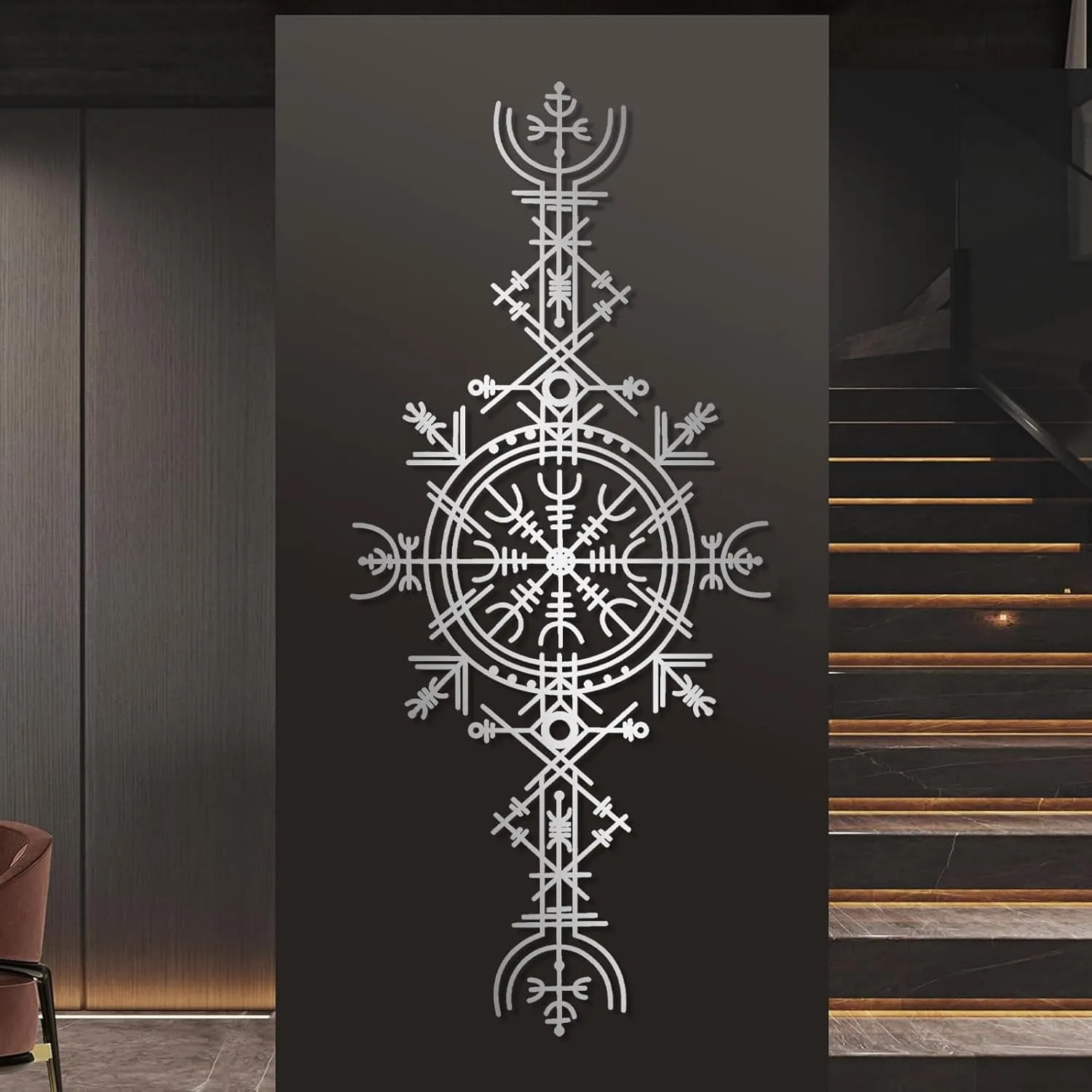 Viking Wayfinders Metal Wall Decor, Vegvisir Metal Wall Art, Old Norse Sign, Rune Circle with Mjölnir, Viking Compass Symbol Metal Wall Art, Extraordinary Vegvisir Sculpture, Nordic Symbol, Icelandic Art (18"x41"|46x105cm, Black)