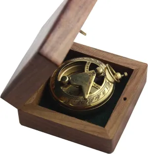 Vintage Brass Sundial Compass with Wooden Box, Nautical Navigation Device, Maritime Collection