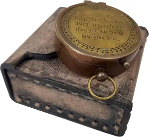 Vintage Maritime Pocket Brass Compass - Keep This Close Engrave Outdoor Navigation Device W/Leather Case