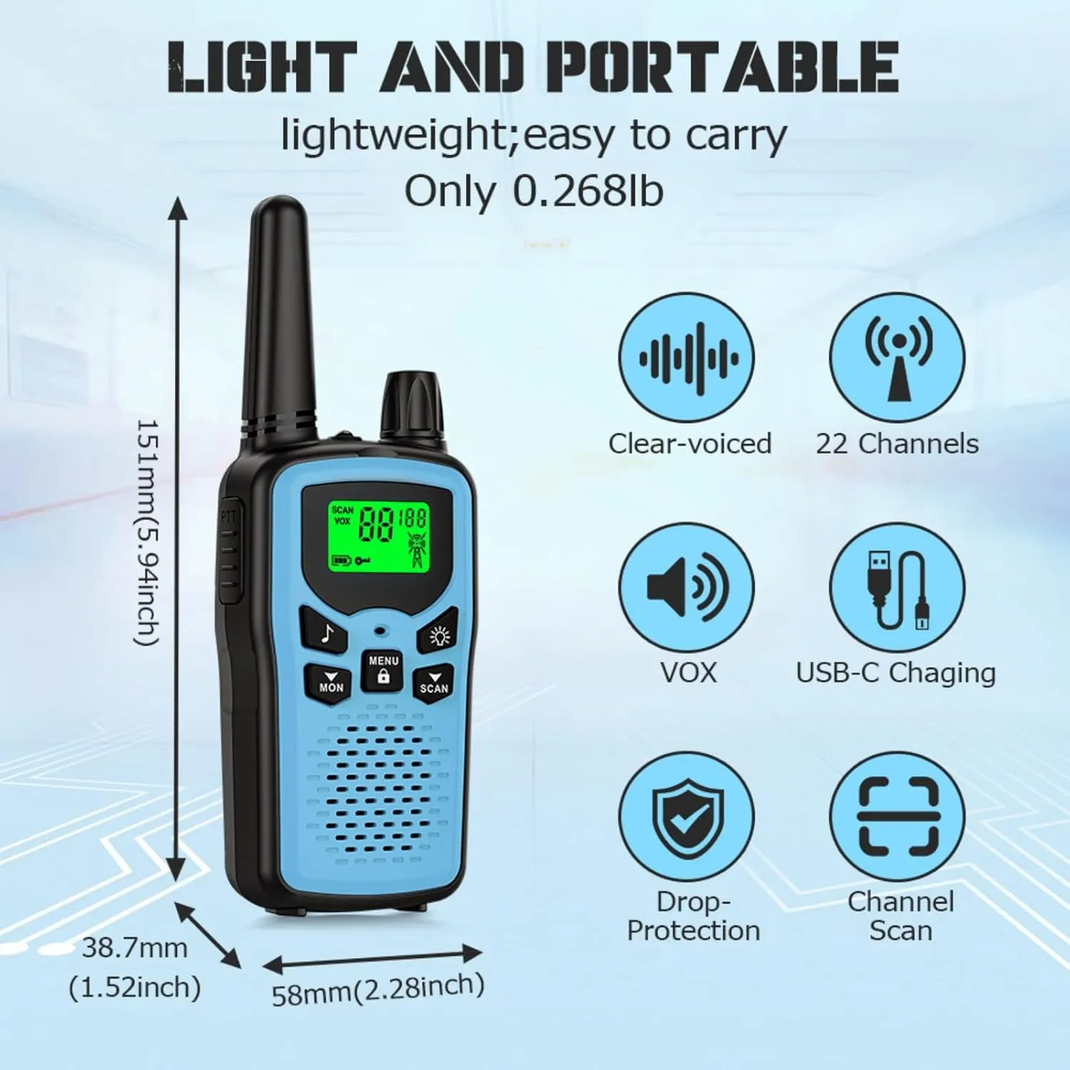 Walkie Talkie Long Range Walkie talkies with Rechargegable for Adults, 22 Channel FRS 2-Way Radios Walky Talky with LED Flashlight for Climbing, Camping Trip and Family Emergency Kit(2 Pack Blue).
