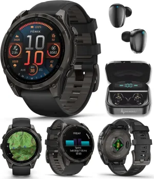 Wearable4U Garmin Fenix 8 – 47 mm, AMOLED Sapphire Multisport GPS Smartwatch,Carbon Gray DLC Titanium with Black/Pebble Gray Silicone, Built-in LED Flashlight Black Earbuds Bundle