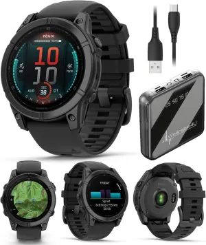 Wearable4U Garmin Fenix E – 47 mm, AMOLED, Premium Multisport GPS Smartwatch, Long-Lasting Battery Life, Slate Gray Steel with Black Silicone Band Power Bank Bundle