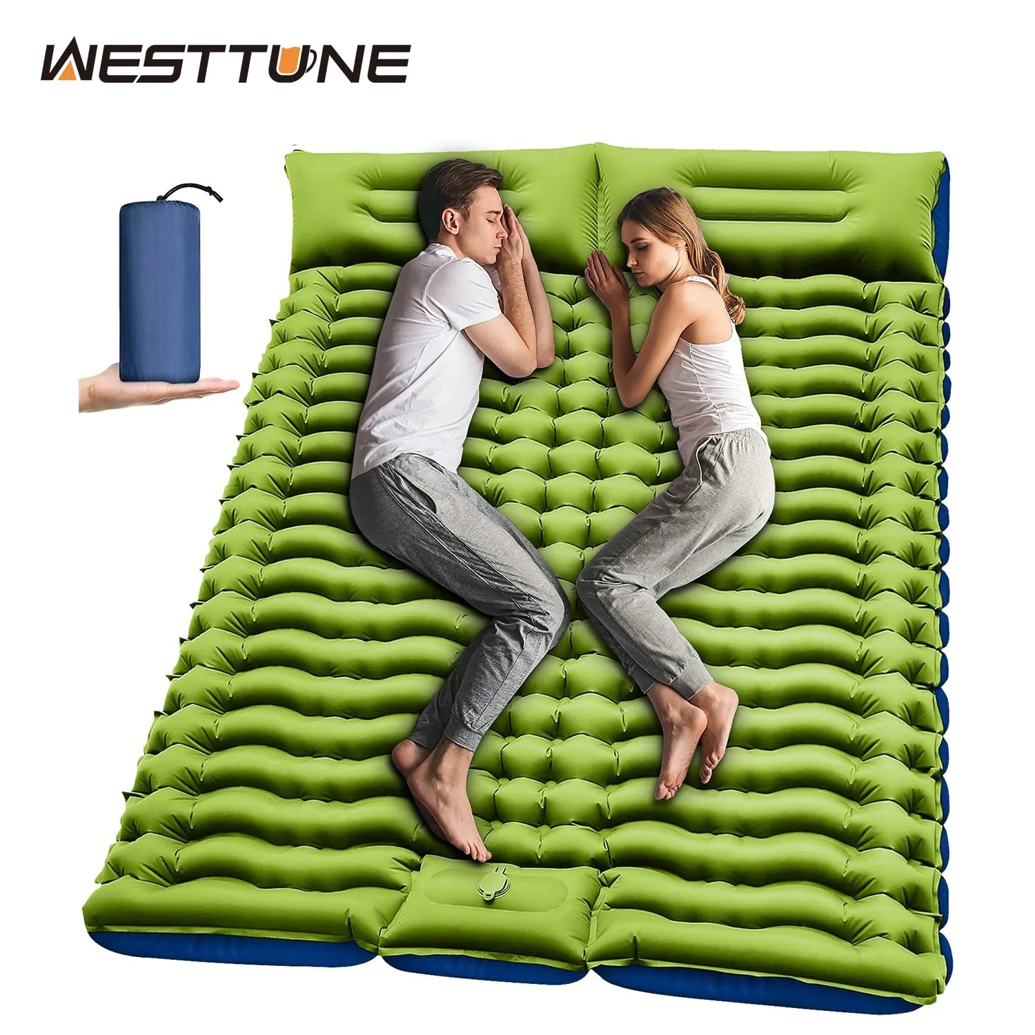 WESTTUNE Double Sleeping Pad 4" Thick for 2 Person with Pillow Built-in Foot Pump