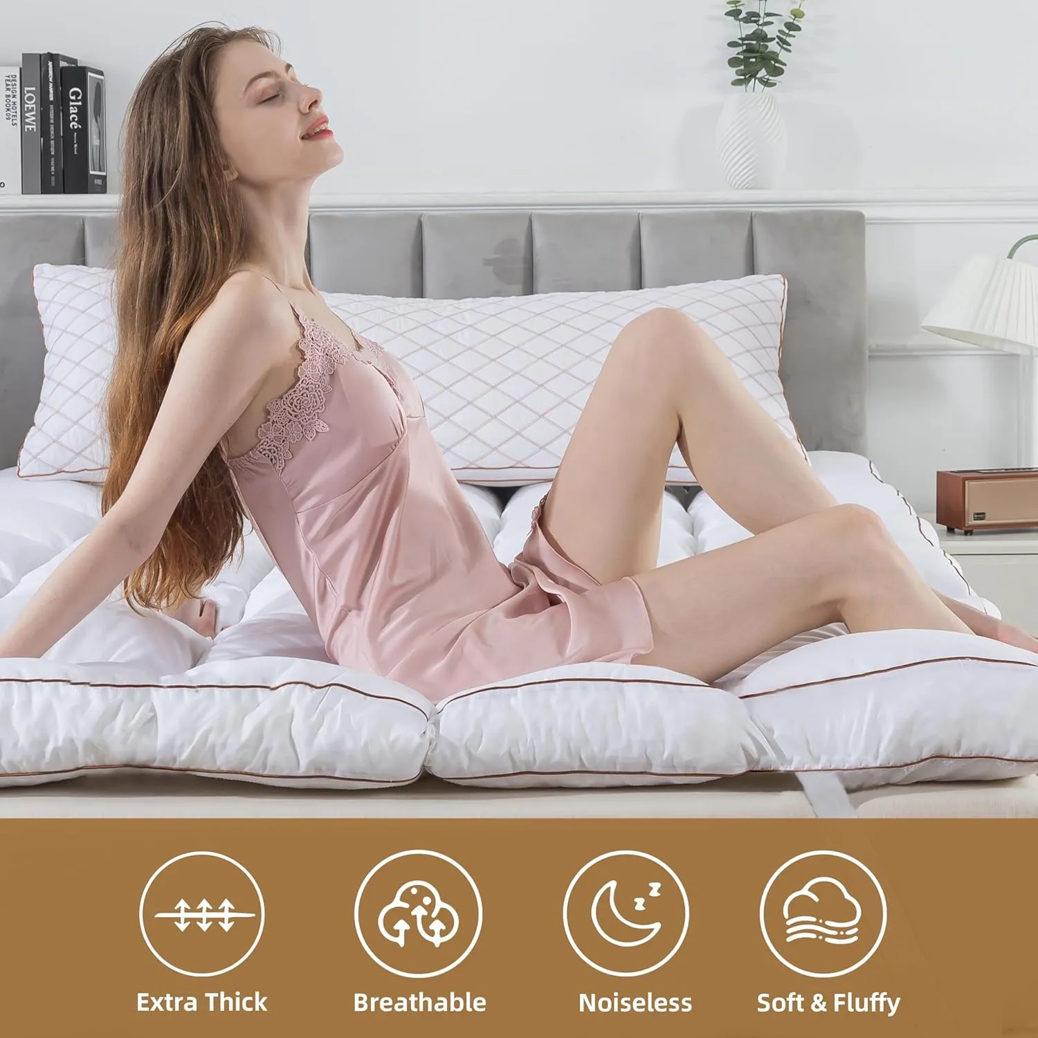 WhatsBedding 3 Inch Memory Foam Mattress Topper Twin Size Plus Thicked Down Alternative-Lined, 1700GSM Fluffy Shredded Memory Foam Filled Pillow Top, 4 Anchor Elastic Bands, Anti-Slip Bottom, 39x75in