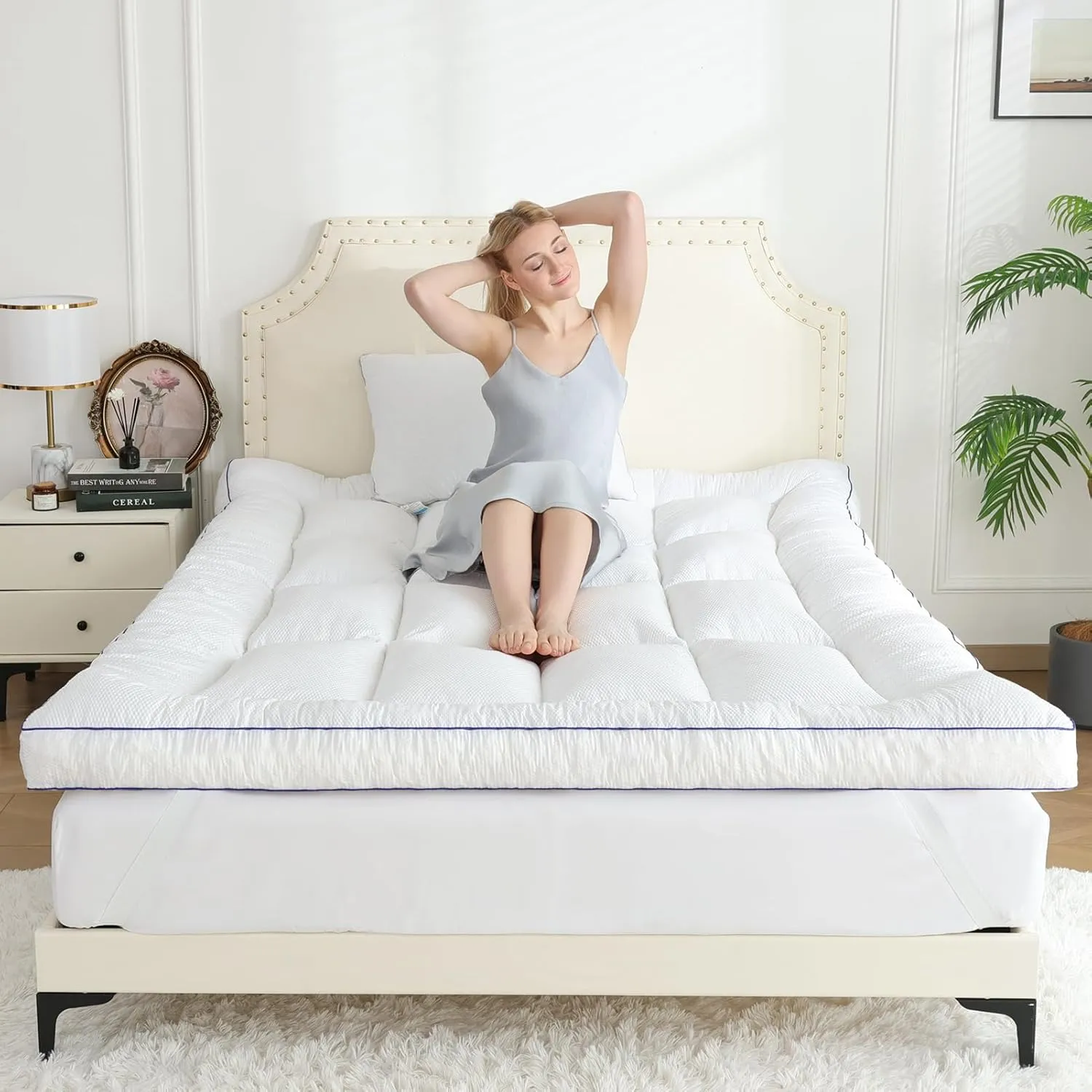 WhatsBedding 4 Inch Memory Foam Mattress Topper Queen Size, with 3D Bubble Mattress Pad Cover, Comfy Quilted 100% Cotton Layer for Back Pain, White(60"x80")
