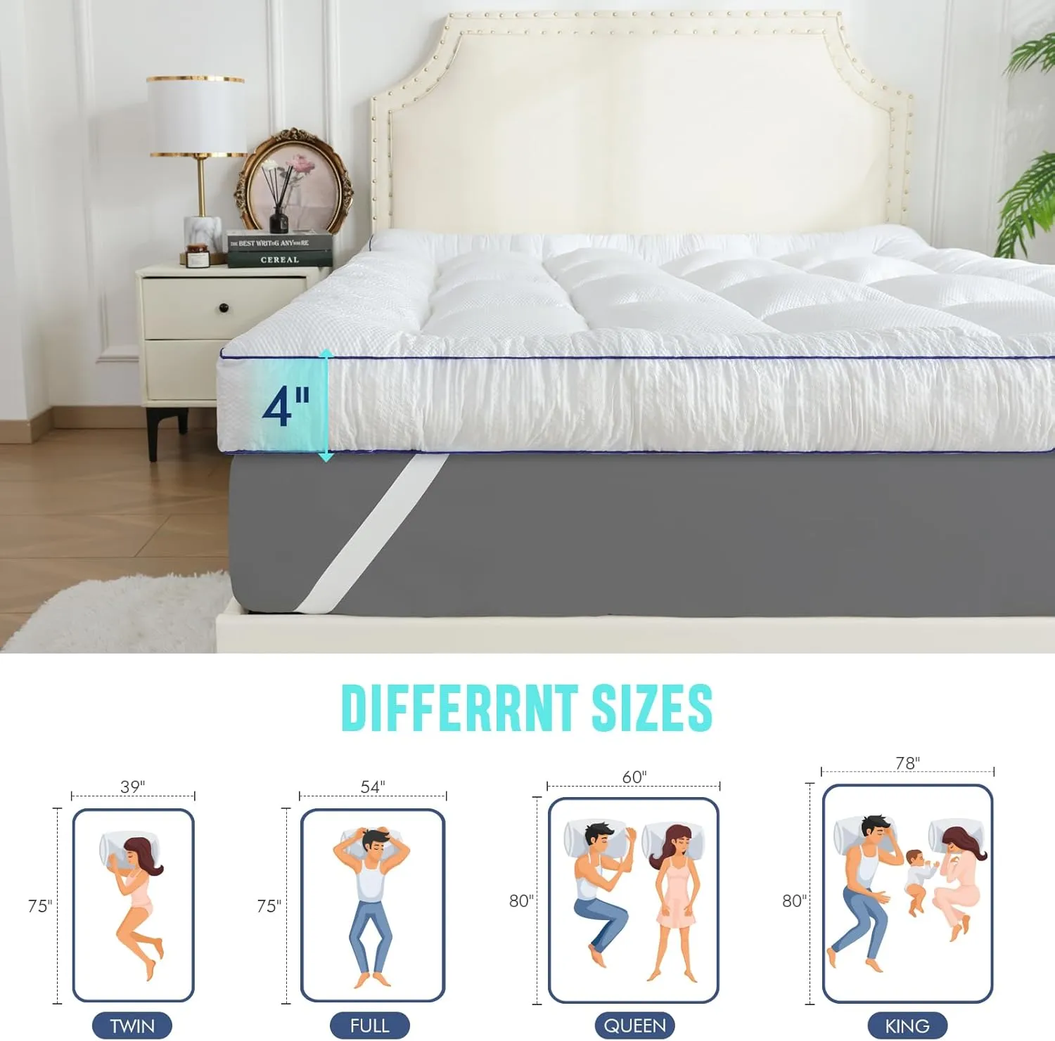 WhatsBedding 4 Inch Memory Foam Mattress Topper Queen Size, with 3D Bubble Mattress Pad Cover, Comfy Quilted 100% Cotton Layer for Back Pain, White(60"x80")