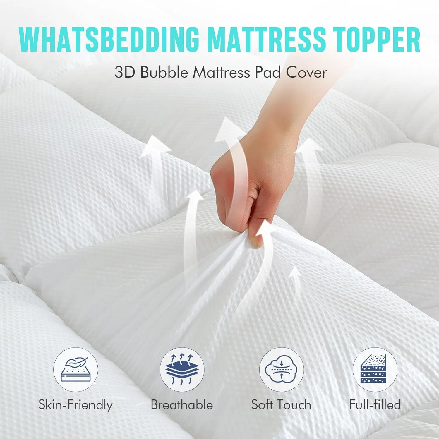 WhatsBedding 4 Inch Memory Foam Mattress Topper Queen Size, with 3D Bubble Mattress Pad Cover, Comfy Quilted 100% Cotton Layer for Back Pain, White(60"x80")