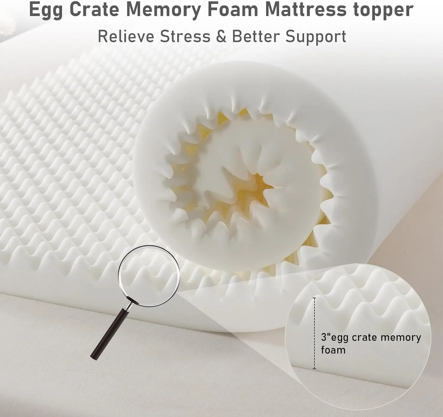 WhatsBedding Memory Foam Mattress Topper, Soft Egg Crate Mattress Topper with Breathable Cover for Back Pain Relief, CertiPUR-US Certified