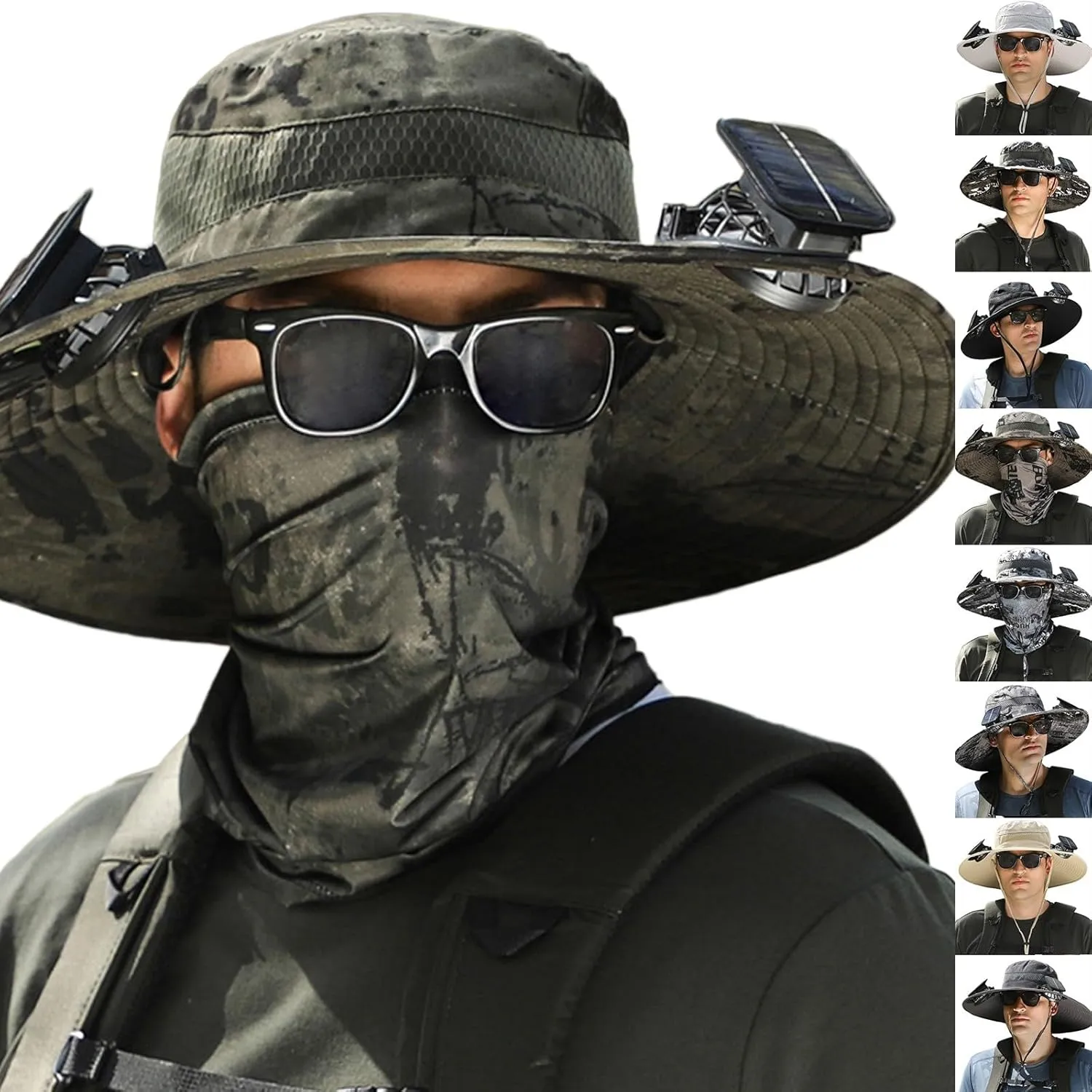 Wide Brim Fan Hat Solar Powered, UPF 50  Solar Power Fan Bucket Hats for Outdoor Fishing Camping Hiking Beach