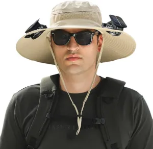 Wide Brim Solar Fan Hat Outdoor Sun Hat with 2 Solar Fan Fishing Hat,Removable & USB Charging Fan,UPF 50  Bucket Beach Hat