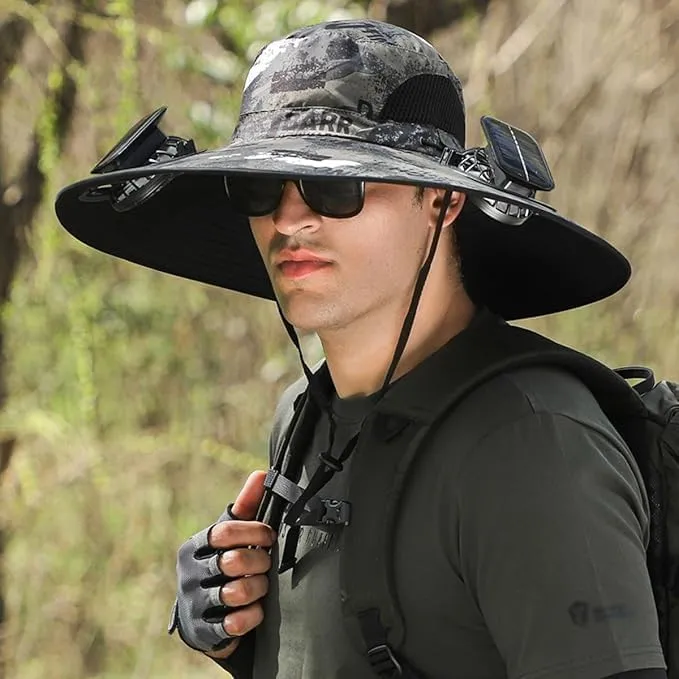 Wide Brim Solar Fan Hat, Solar Powered Fan Hat, Sun Bucket Fishing Hats with 2 Solar Fan UPF 50  Outdoor