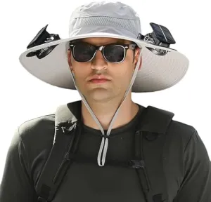 Wide Brim Solar Fan Hat, Solar Powered Fan Hat, Sun Bucket Fishing Hats with 2 Solar Fan UPF 50  Outdoor