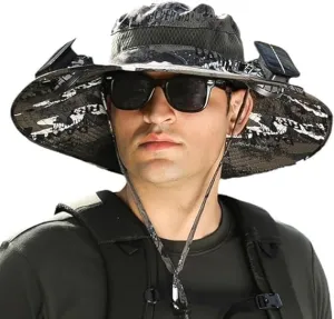 Wide Brim Solar Fan Hat, Solar Powered Fan Hat, Sun Bucket Fishing Hats with 2 Solar Fan UPF 50  Outdoor