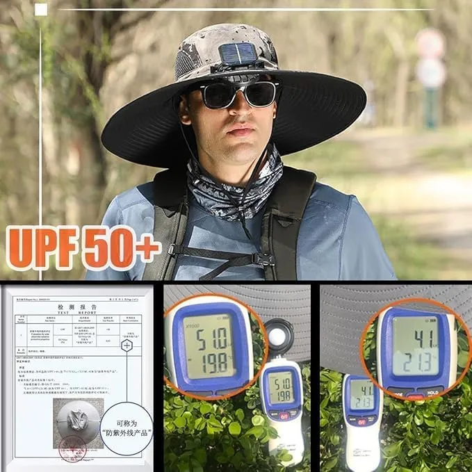 Wide Brim Solar Fan Hat, Solar Powered Fan Hat, Sun Bucket Fishing Hats with 2 Solar Fan UPF 50  Outdoor