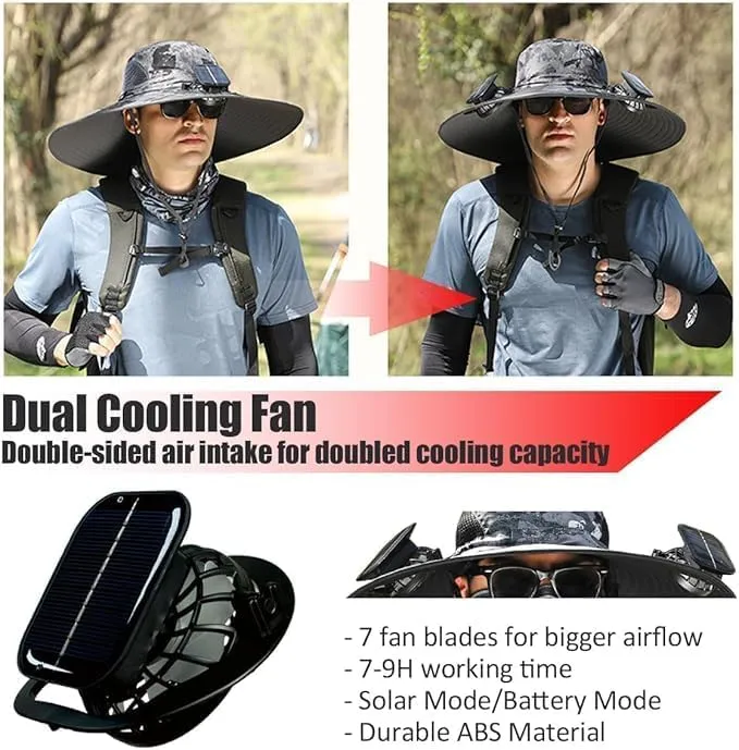 Wide Brim Solar Fan Hat, Solar Powered Fan Hat, Sun Bucket Fishing Hats with 2 Solar Fan UPF 50  Outdoor