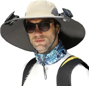 Wide Brim Solar Fan Outdoor Fishing Hat-Solar & USB Charging, Solar Fan Hat, Waterproof Hat with Solar Fan Built