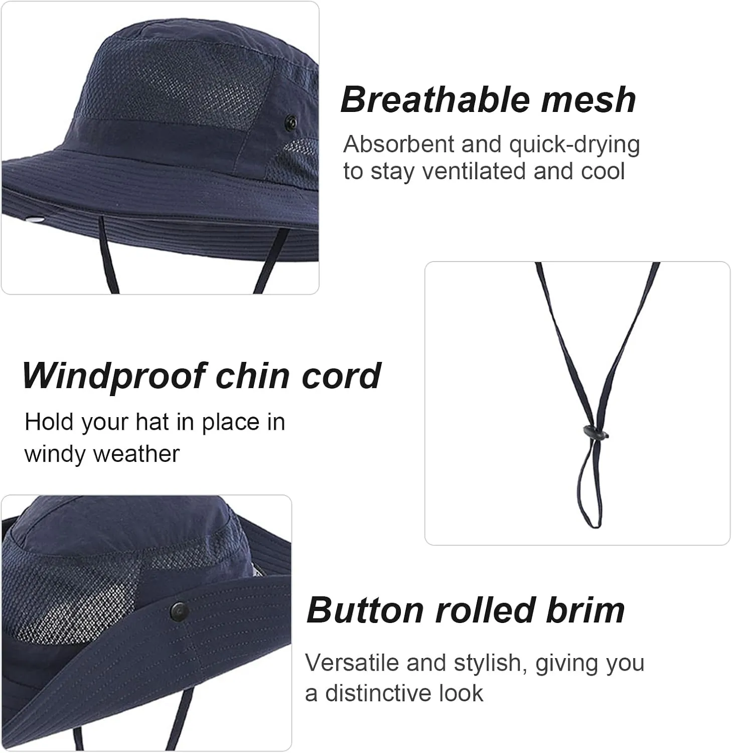 Wide Brim Sun Hat, UPF 50 , Breathable Mesh Bucket Hat, Boonie Hat with Adjustable Chin Strap, Foldable Fishing Hat