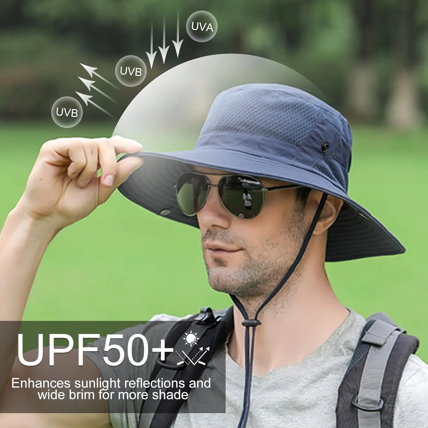 Wide Brim Sun Hat, UPF 50 , Breathable Mesh Bucket Hat, Boonie Hat with Adjustable Chin Strap, Foldable Fishing Hat