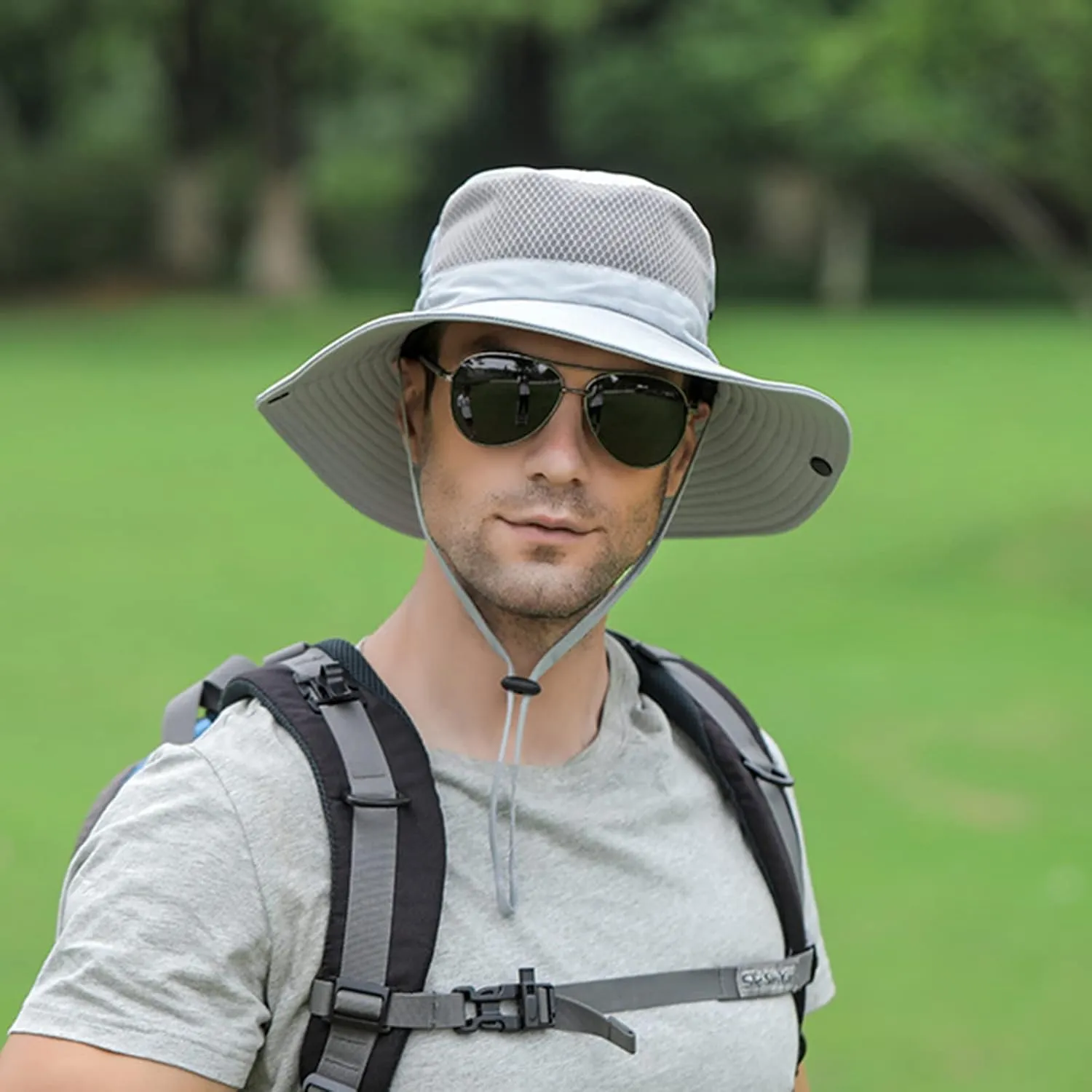 Wide Brim Sun Hat, UPF 50 , Breathable Mesh Bucket Hat, Boonie Hat with Adjustable Chin Strap, Foldable Fishing Hat