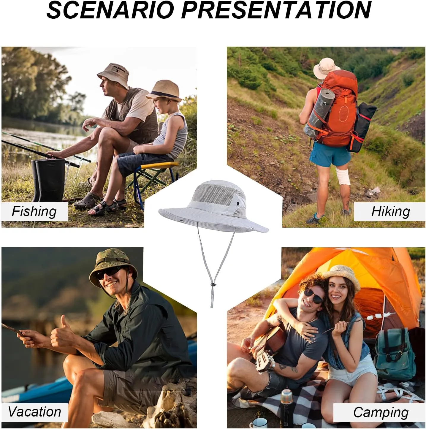 Wide Brim Sun Hat, UPF 50 , Breathable Mesh Bucket Hat, Boonie Hat with Adjustable Chin Strap, Foldable Fishing Hat