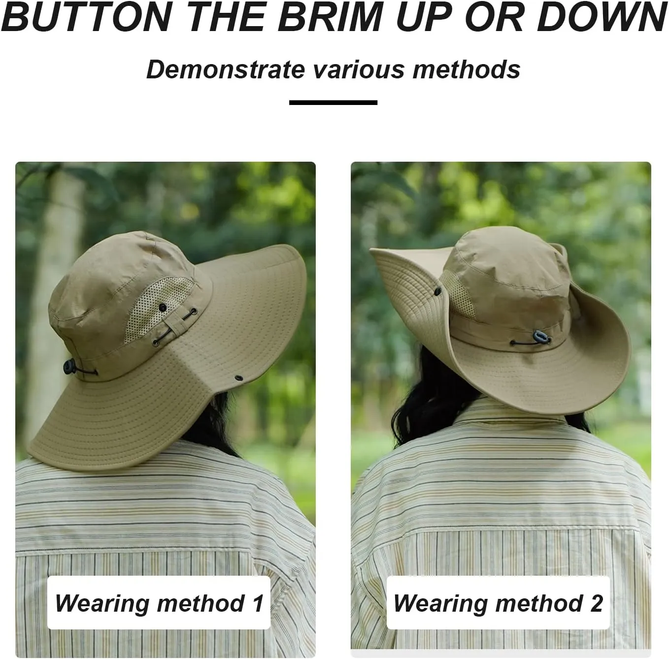 Wide Brim Sun Hat, UPF 50 , Breathable Mesh Bucket Hat, Boonie Hat with Adjustable Chin Strap, Foldable Fishing Hat