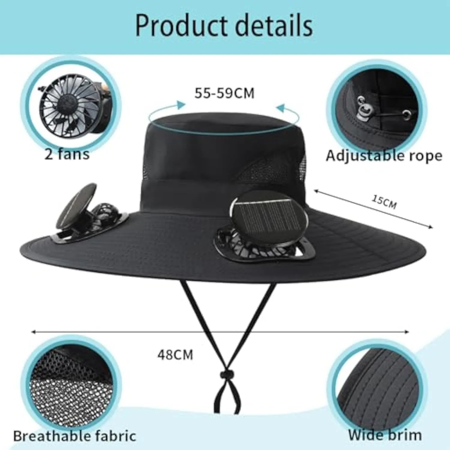 Wide Brim Sun Hat with 2 Solar Fan, 3 Speed Adjustable Fan Hat, Solar & USB Charging Fan, Bucket Fishing & Beach Hat