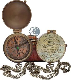 WOANIN Engraved Brass Compass Gift to My Son/to Our Son/Nautical Gift for Son from Dad/Gift to Son from Mom A Perfect and Unique Gift with Leather Case (A for Son from Dad)
